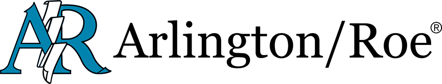 Arlington/Roe's logo: big blue AR with a white ribbon in between the two letters and Arlington/Roe spelled out with a trademark symbol at the end