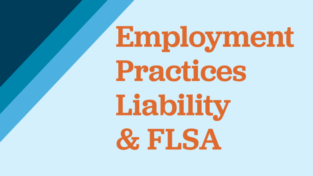 the words "Employment Practices Liability & FLSA" on a light blue back ground with three overlapping dark, medium and light blue traingles overlaid on each other