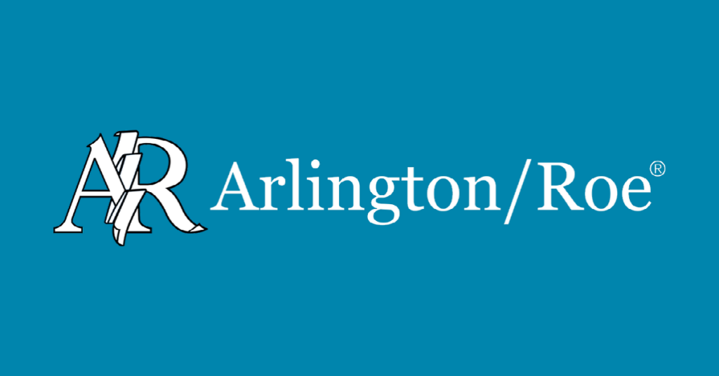 White Arlington/Roe logo on a solid blue background