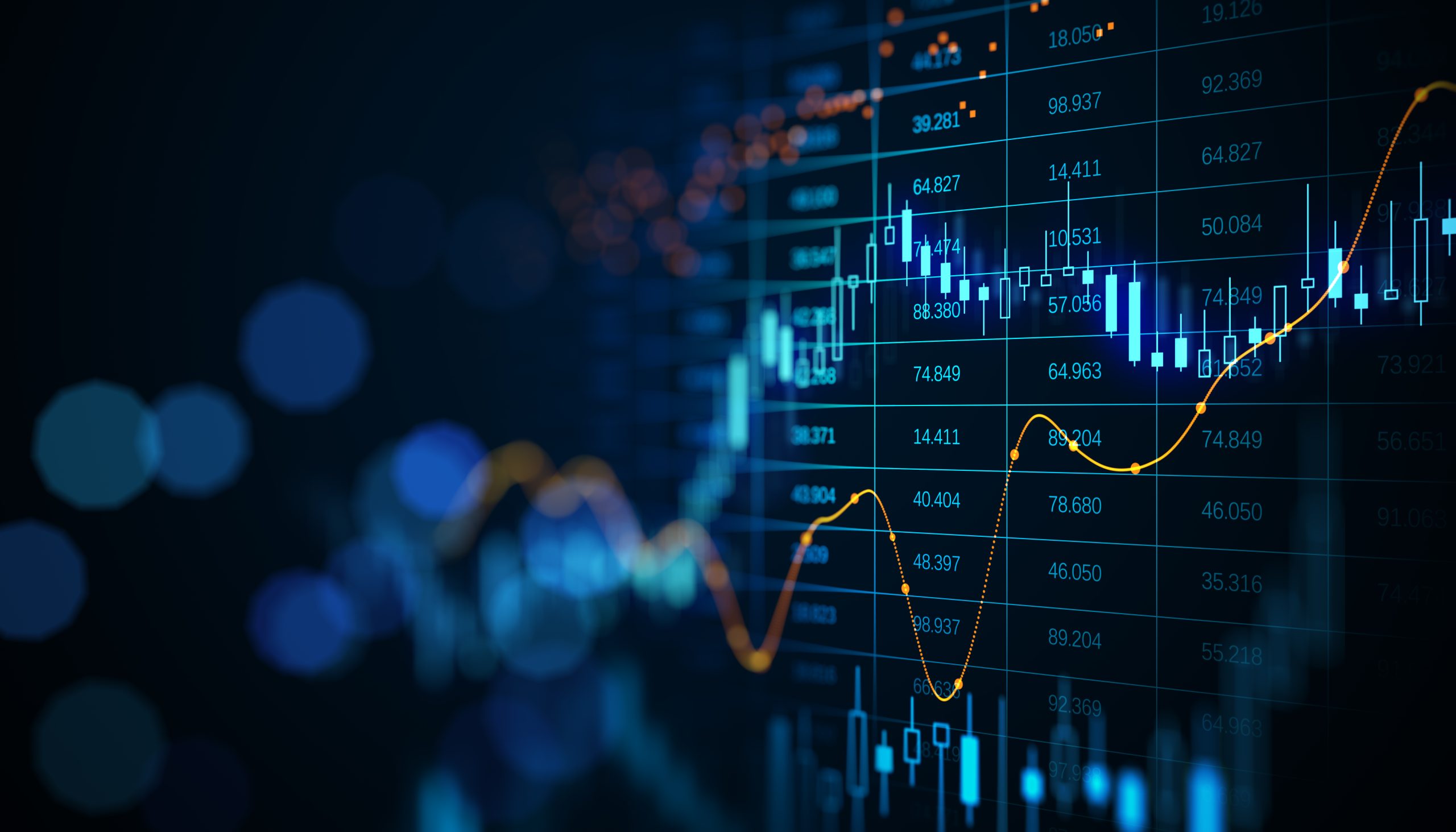 Blank dark bokeh background with digital financial chart indicators, graphs and candlestick on a side. 3D rendering, mockup