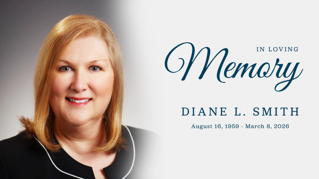 graphic that says "in loving memory" and "Diane L Smith August 16, 1959 - March 8, 2026" on the right on a beige background. A photo of Diane's headshot is on the left.